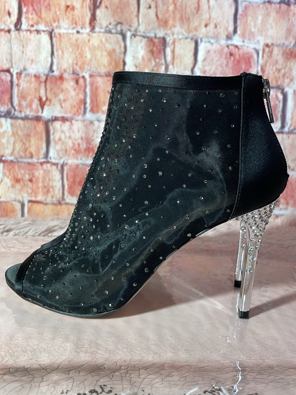 Badgley Mishka Black Rhinestone Sheer Peep-Toe Ankle Boot